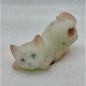 1985 Fenton Crouching Kitten Peach Meadow Blooms Satin Art Glass